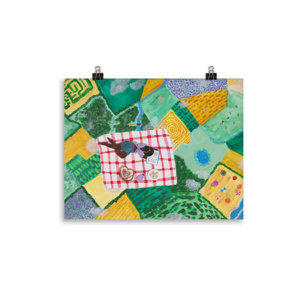 Art print of woman in clouds on a picnic blanket.