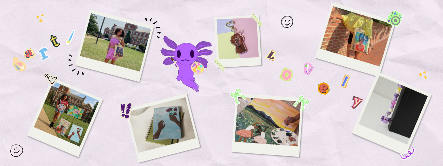 Banner with collage of graphics of products and scrapbook-ish images.