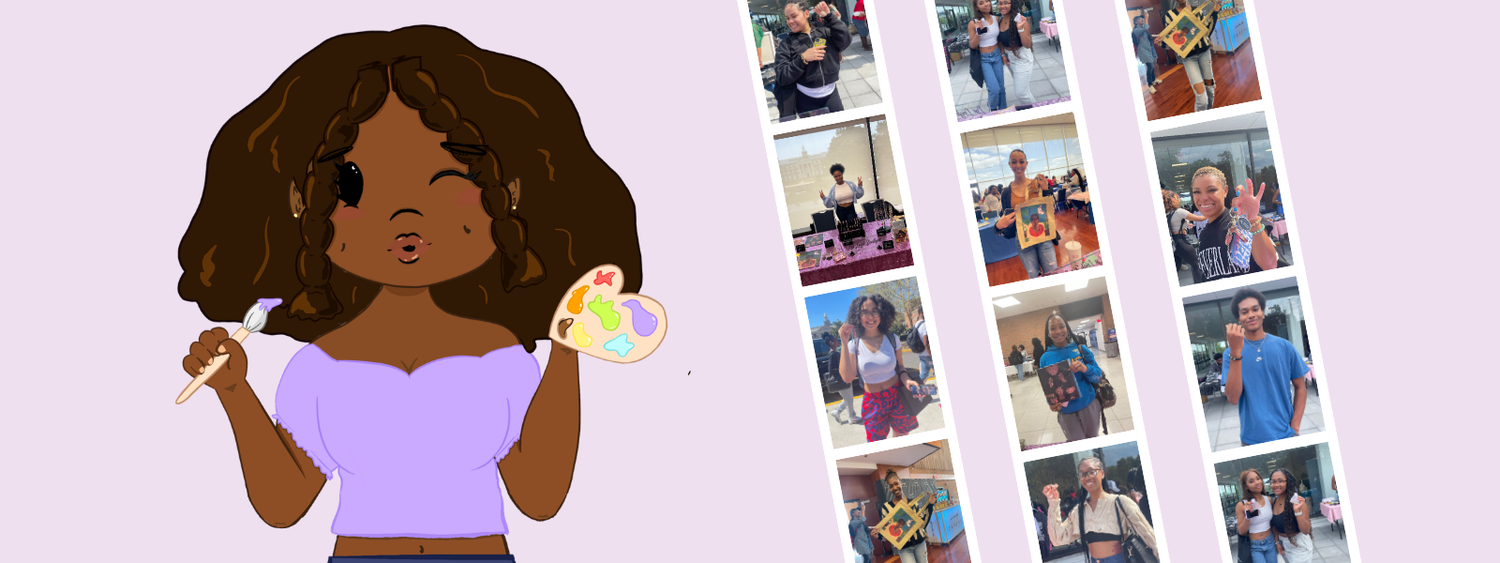 Banner with cartoon of artist and graphics of images of customers.