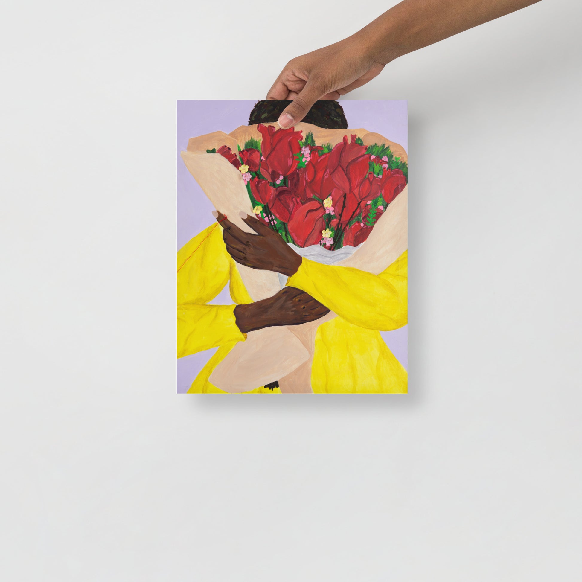 Art print of woman holding a bouquet of hearts.