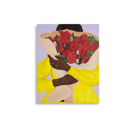 Art print of woman holding a bouquet of hearts.