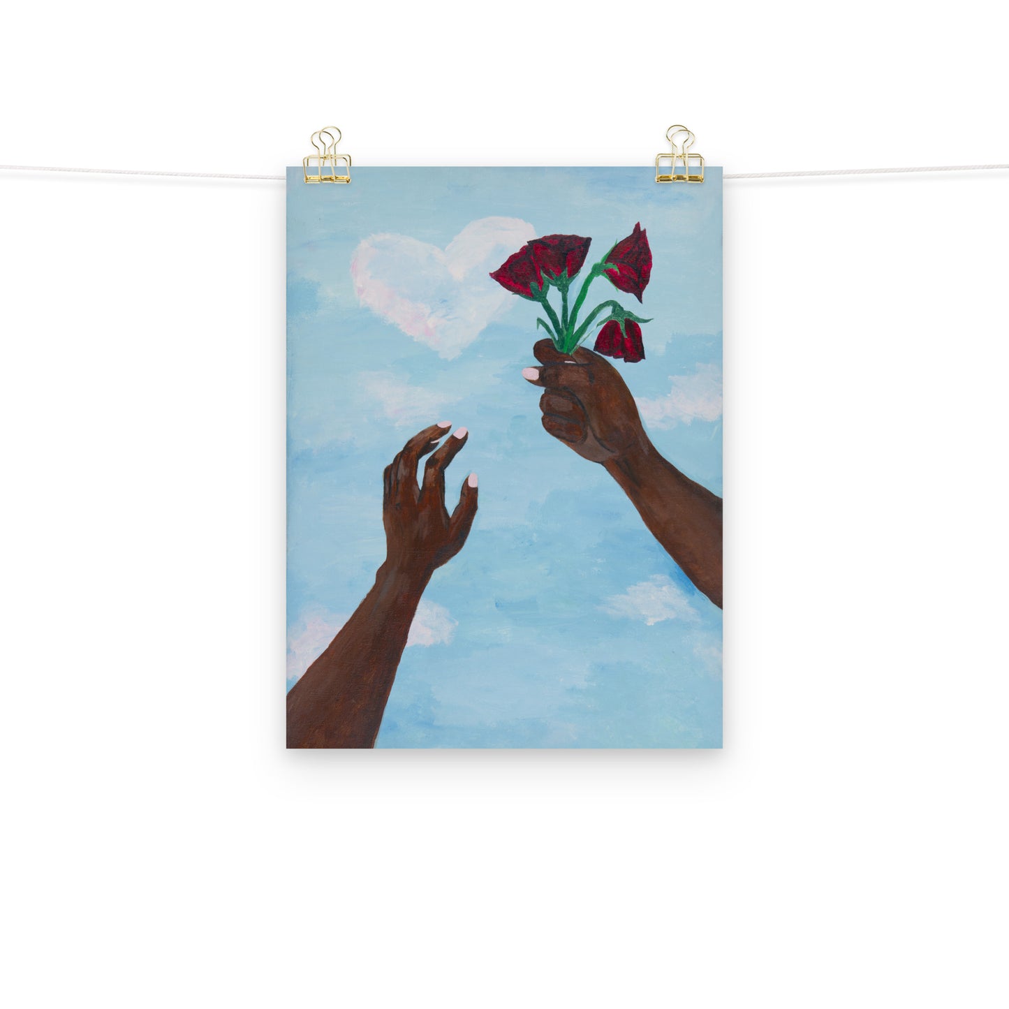 Art print of two hands holding wilting flowers towards the sky.