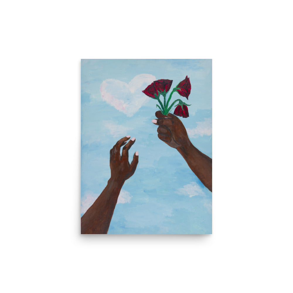 Art print of two hands holding wilting flowers towards the sky.