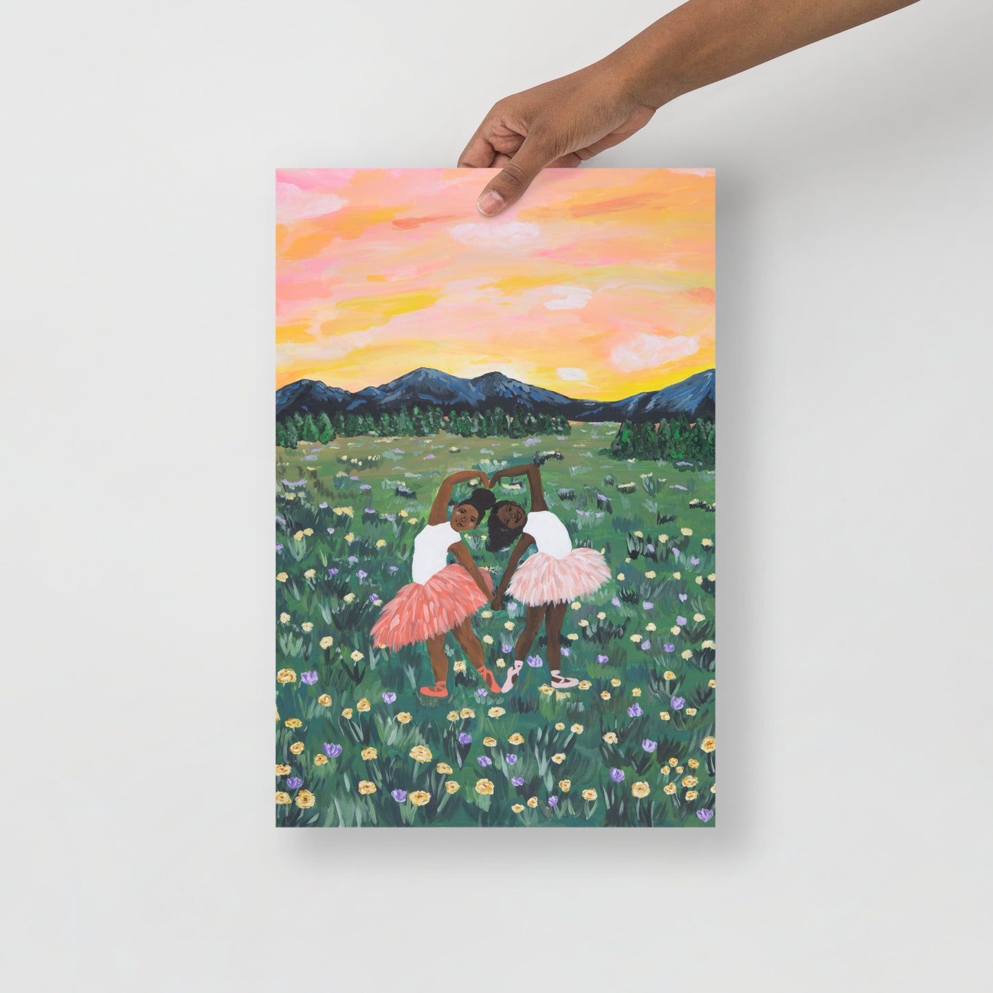 12x18 handheld art print of two ballerinas in a flower field with a colorful sky.