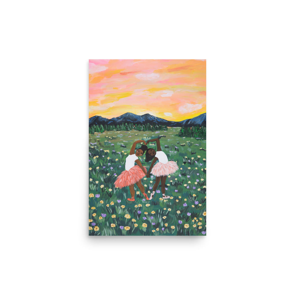 12x18 art print of two ballerinas in a flower field with a colorful sky.