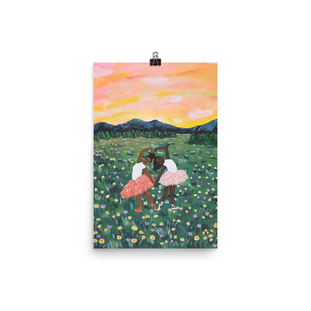 12x18 hanging art print of two ballerinas in a flower field with a colorful sky.