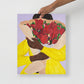 Art print of woman holding a bouquet of hearts.
