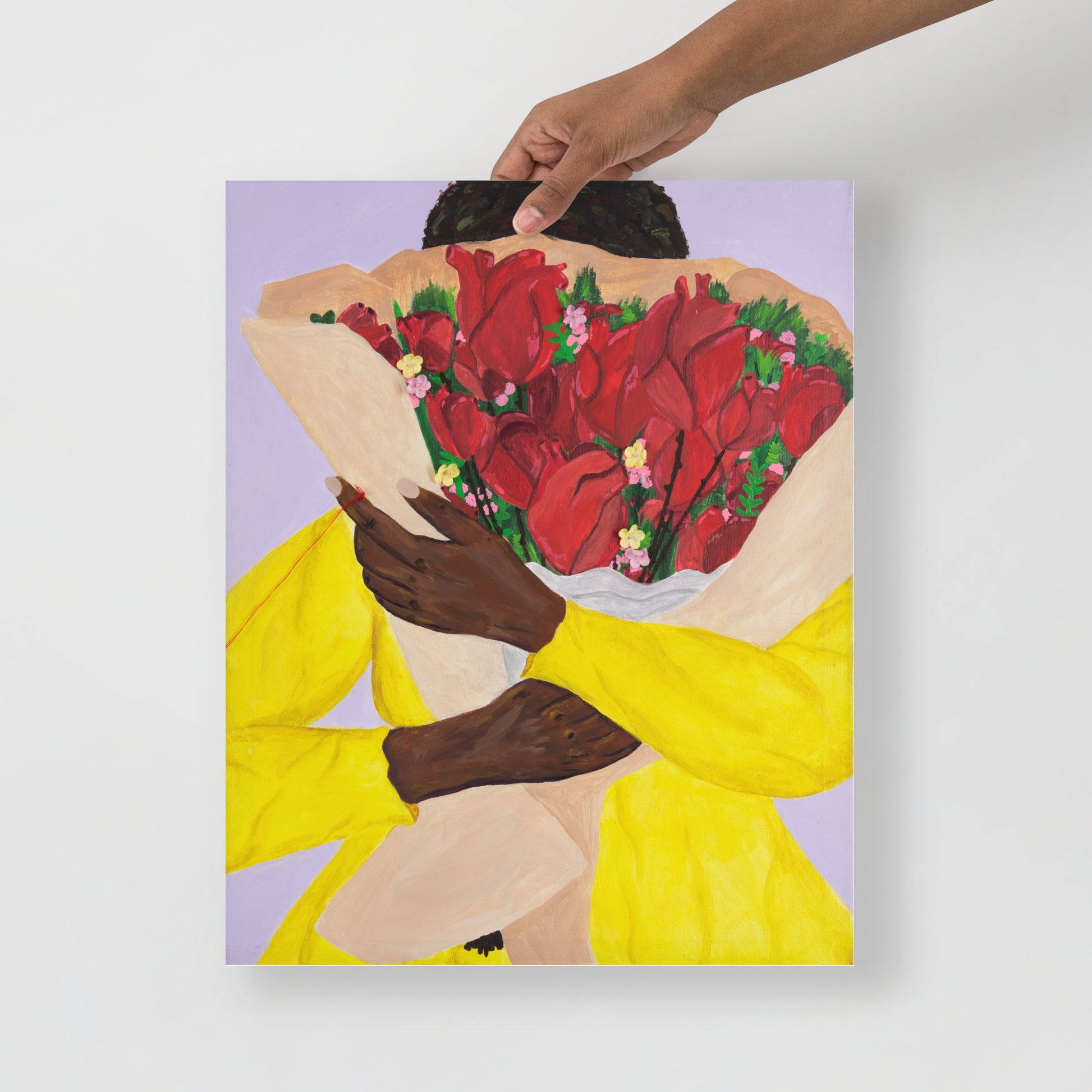 Art print of woman holding a bouquet of hearts.