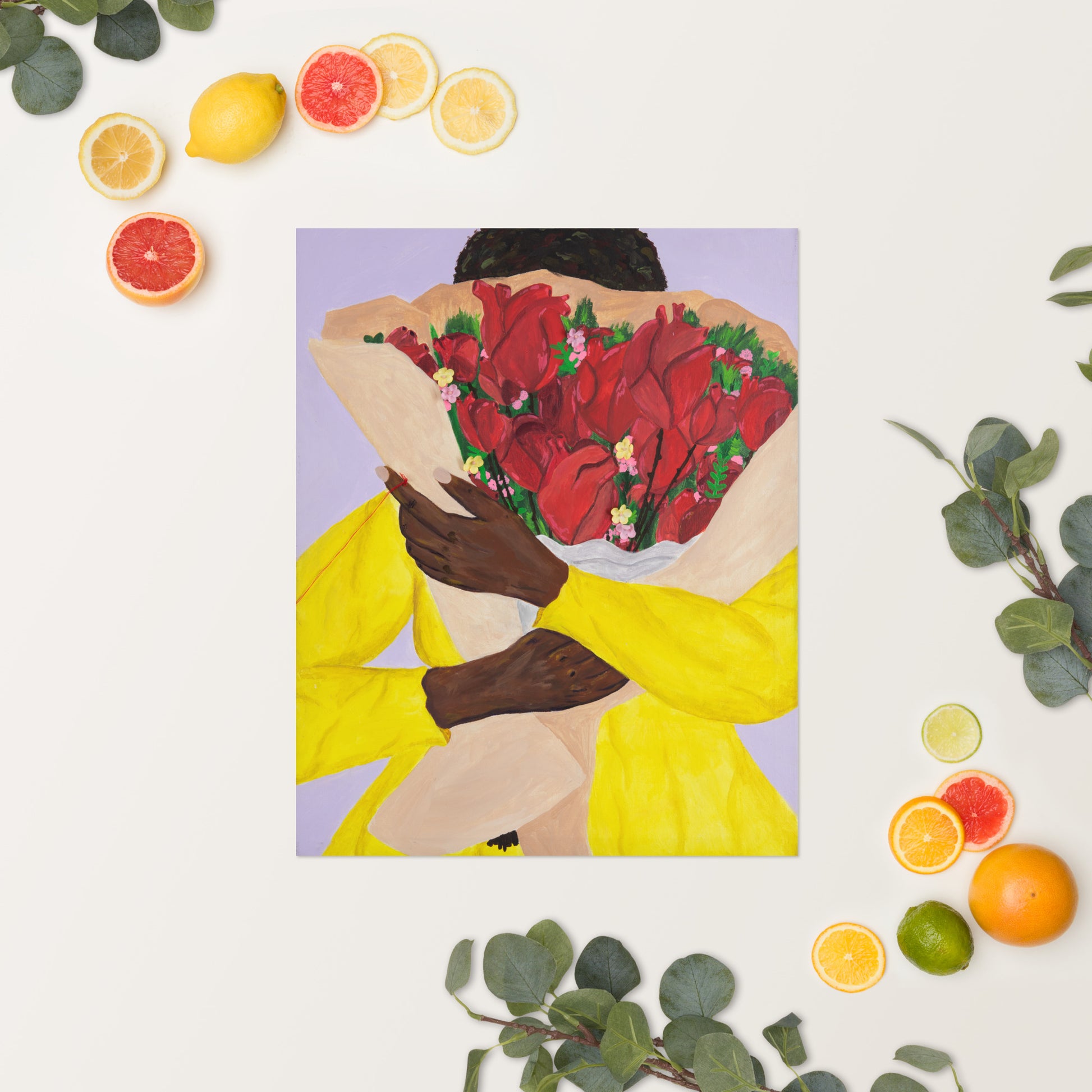 Art print of woman holding a bouquet of hearts.