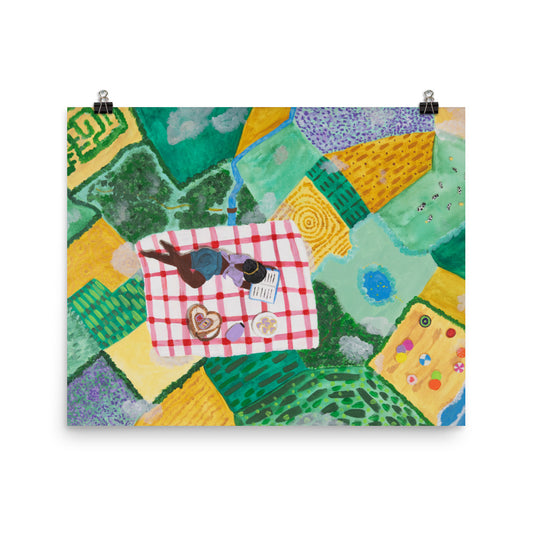 Art print of woman in clouds on a picnic blanket.