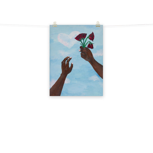 Art print of two hands holding wilting flowers towards the sky.