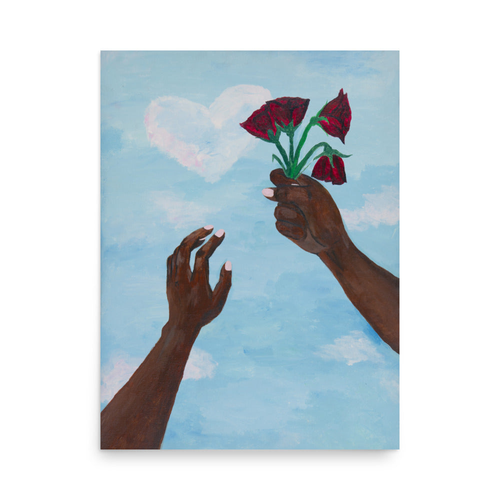 Art print of two hands holding wilting flowers towards the sky.