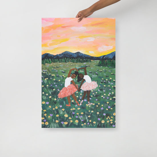 24x36 handheld art print of two ballerinas in a flower field with a colorful sky.