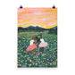 24x36 hanging art print of two ballerinas in a flower field with a colorful sky.