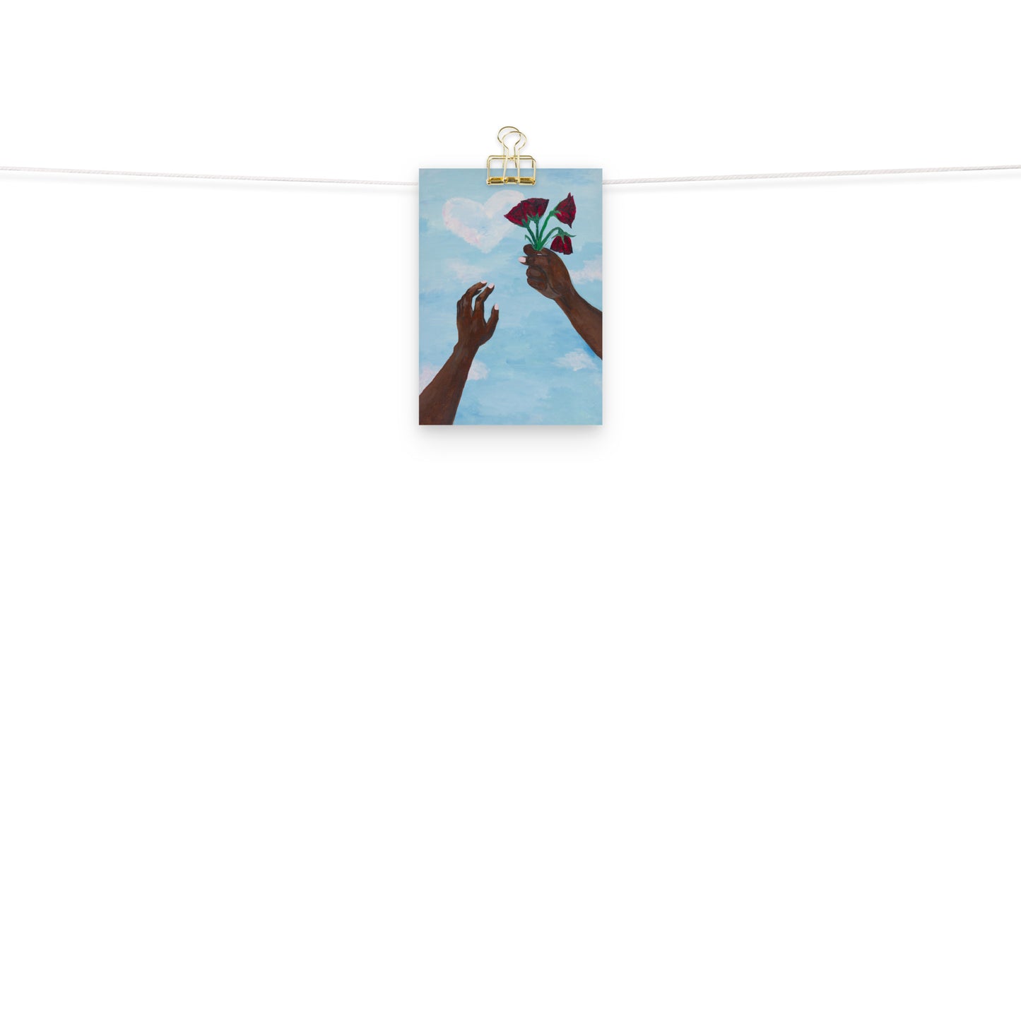 Art print of two hands holding wilting flowers towards the sky.