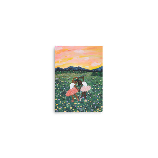 5x7 art print of two ballerinas in a flower field with a colorful sky.