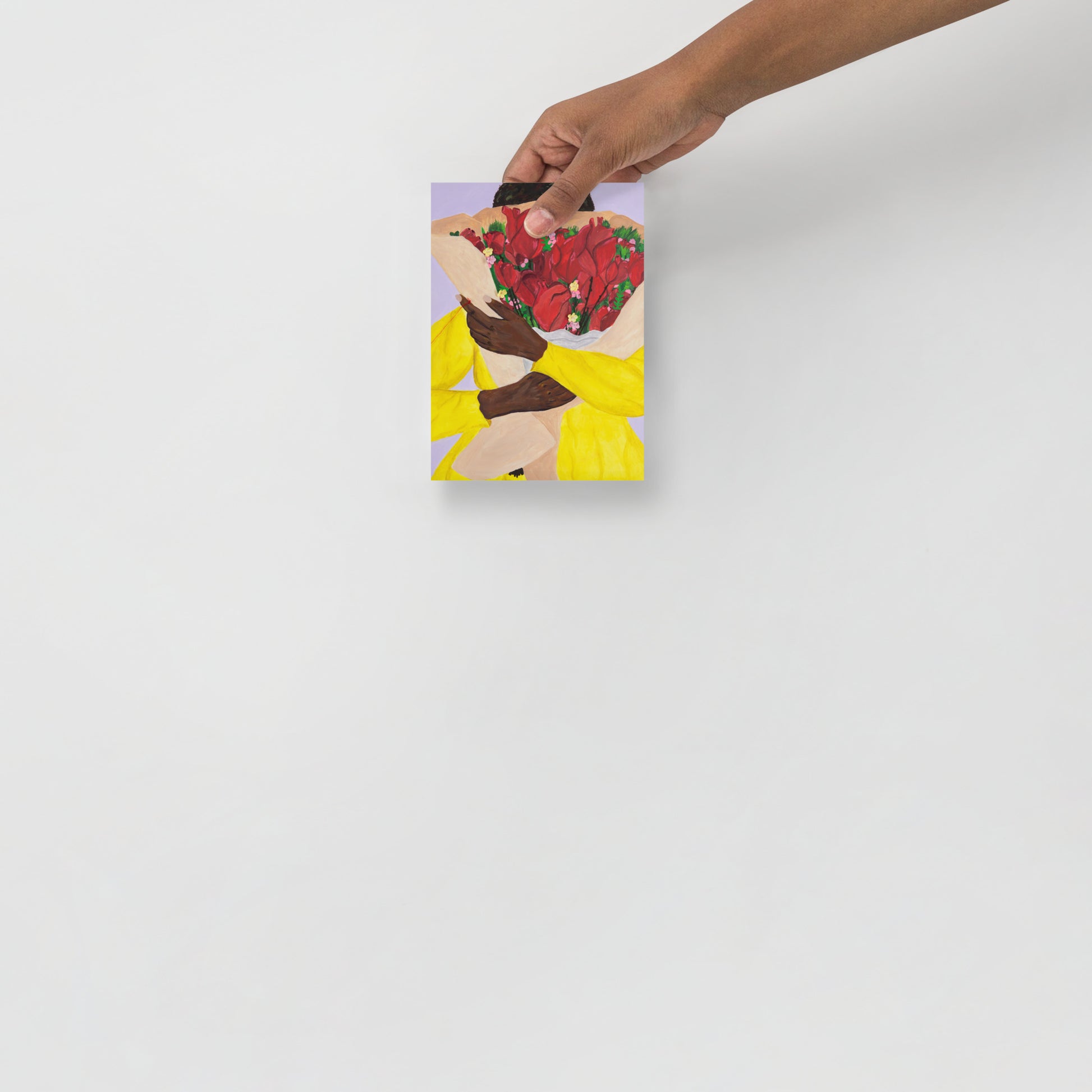 Art print of woman holding a bouquet of hearts.