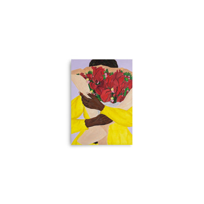 Art print of woman holding a bouquet of hearts.