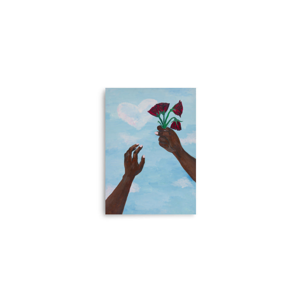 Art print of two hands holding wilting flowers towards the sky.