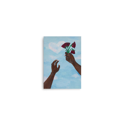 Art print of two hands holding wilting flowers towards the sky.