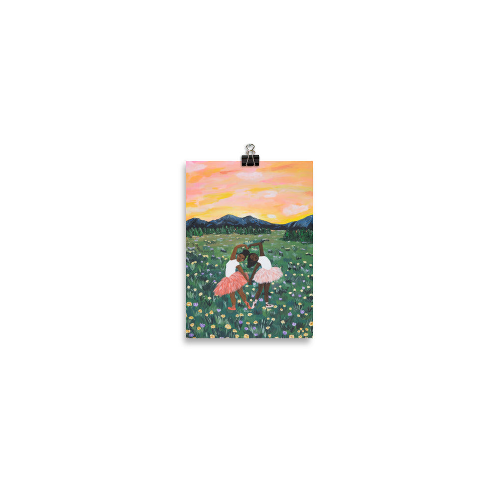 5x7 hanging art print of two ballerinas in a flower field with a colorful sky.